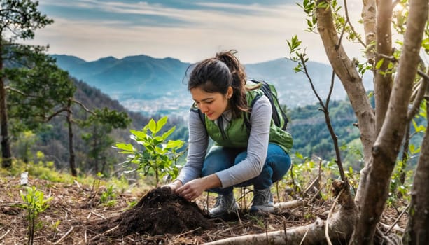 A young woman planting a tree sapling in a mountain forest, representing environmental conservation and reforestation. Natural beauty of the mountains and lush greenery.