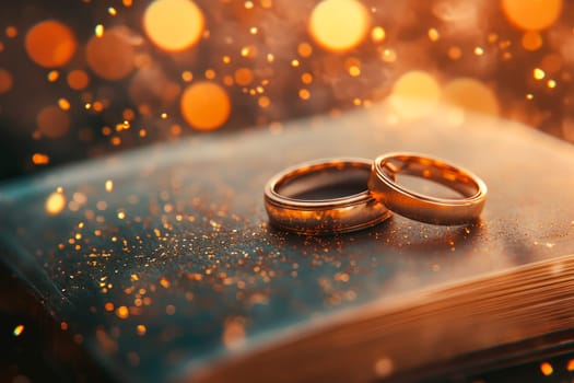 Two wedding golden rings on a bible page. AI generated