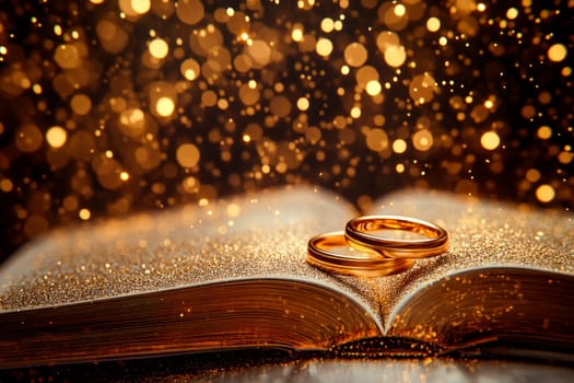Two wedding golden rings on open bible pages. AI generated