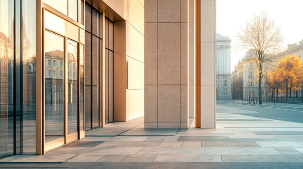Large glass doors at the entrance to the mall. AI generated