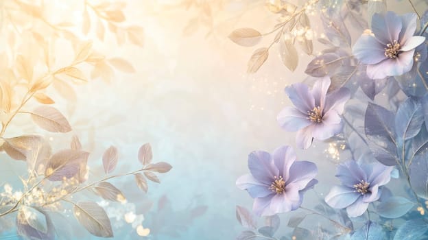 Wedding celebration backdrop with flowers in a soft pastel purple and blue colors. AI generated