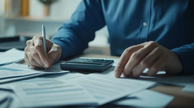 Close up view of an accountant's hands working on financial papers with a calculator, pen, and computer on a desk, symbolizing financial analysis and tax preparation.