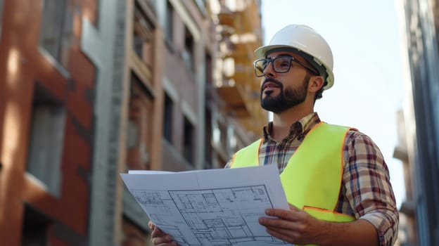 Bearded architect in hard hat and safety vest reviews blueprints while standing at a bustling construction site with high rise buildings in the background.