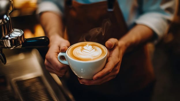 Close up of barista's hands holding a white cup with intricate latte art, showcasing skill and craftsmanship in a cozy coffee shop atmosphere.