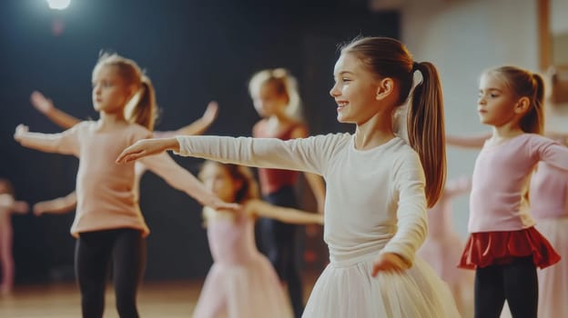 Smiling young ballet dancers in white and pink tutus practicing arm positions during a ballet class, with a focused girl in white in the foreground.