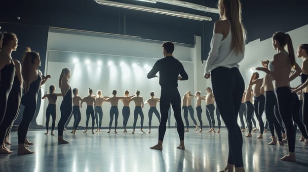 Silhouette of choreographer leading a large group of dancers in a bright studio with spotlights, showcasing a dynamic dance rehearsal scene.
