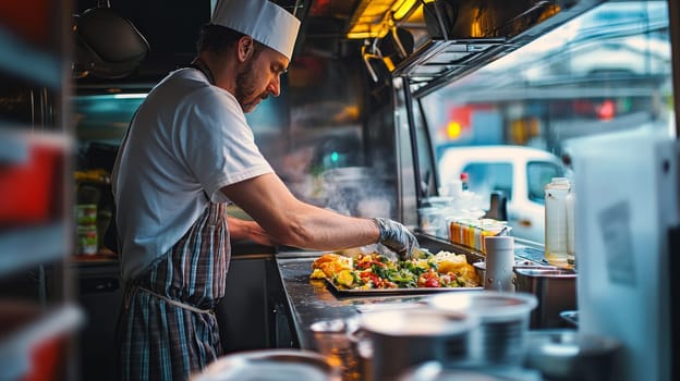 Professional chef in white uniform and hat preparing a colorful dish with fresh vegetables in a food truck kitchen, showcasing culinary expertise.