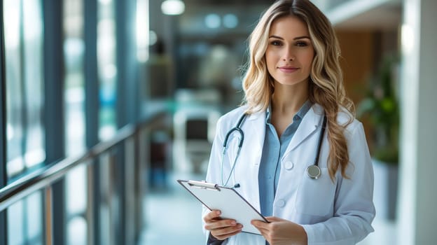 Professional female physician with stethoscope and clipboard standing in bright hospital hallway, symbolizing healthcare expertise and patient care.