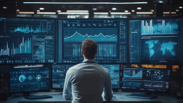 Rear view of analyst studying multiple screens displaying global market data, charts, and analytics in a high tech control room environment.