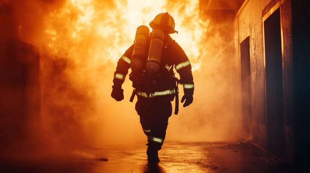 Silhouette of a brave firefighter advancing towards a raging fire, showcasing courage and dedication in the face of danger.