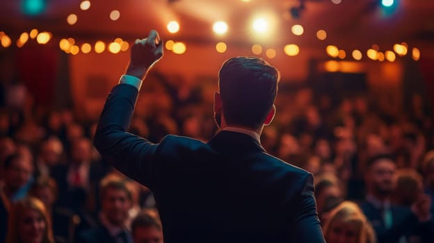 Silhouette of an energetic auctioneer with raised arm addressing a crowded room, illuminated by warm ambient lighting and string lights at an evening auction event.