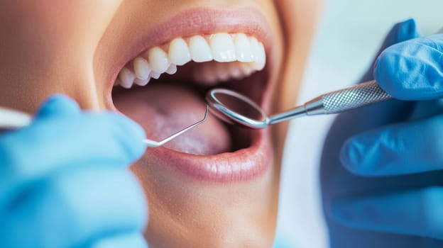 Close up of a dental examination showing dentist's hands with tools examining patient's teeth, highlighting professional oral care and hygiene.
