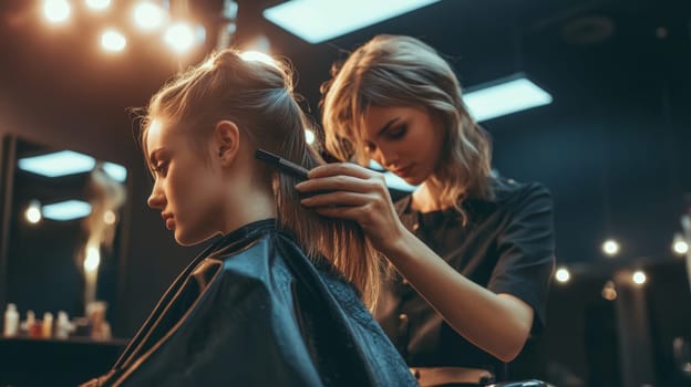 Professional hairstylist carefully combing through client's long blonde hair in a modern salon with warm lighting, showcasing attention to detail in hair care.