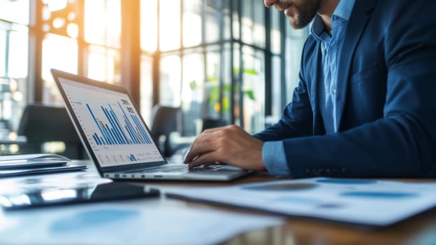 Bearded businessman in blue shirt examining financial charts and graphs on laptop screen in modern office with sunlit windows.