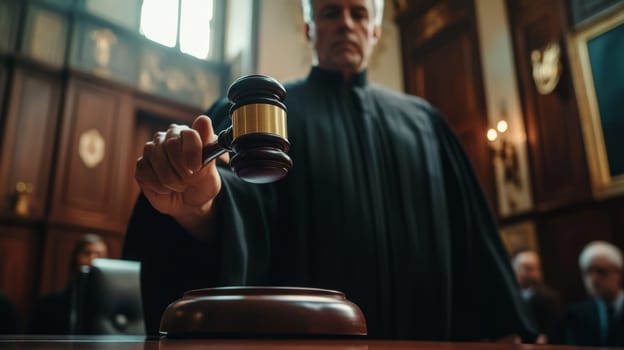 Authoritative judge in black robe raises a wooden gavel with brass band, symbolizing justice and law enforcement in a traditional courtroom setting.