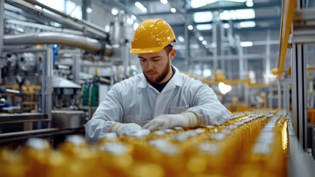 A focused food production worker in a white coat and yellow hard hat carefully examines bottles, on an automated production line in a modern beverage factory.