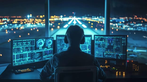 Air traffic controller silhouetted against illuminated airport runway at night, monitoring multiple screens with data and flight information.