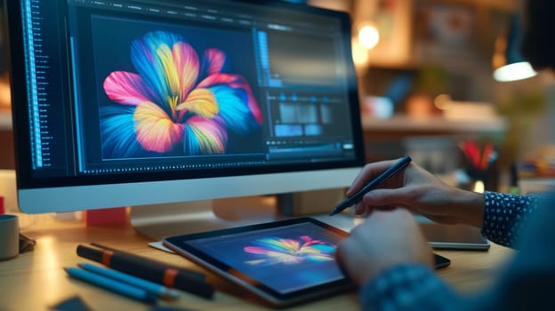 Digital artist using graphics software and tablet to create vibrant, multicolored flower illustration, showcasing modern design workflow in creative studio.