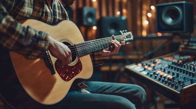 Musician playing acoustic guitar in recording studio, surrounded by professional audio equipment and warm lighting, capturing the essence of music production.