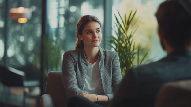 Confident young woman in grey blazer engaging in a job interview, seated in a bright office with large windows and plants, showcasing professional demeanor.