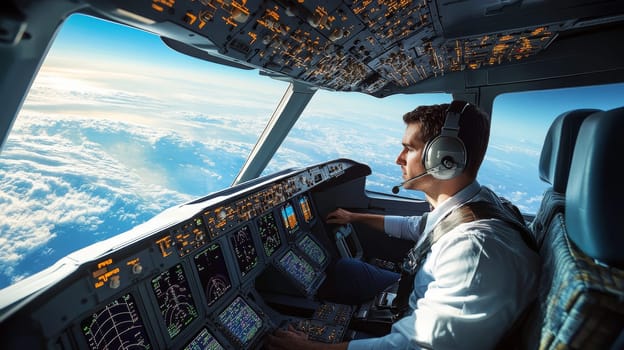 Professional pilot operating aircraft controls in cockpit, flying above fluffy clouds with stunning blue sky view through windows.