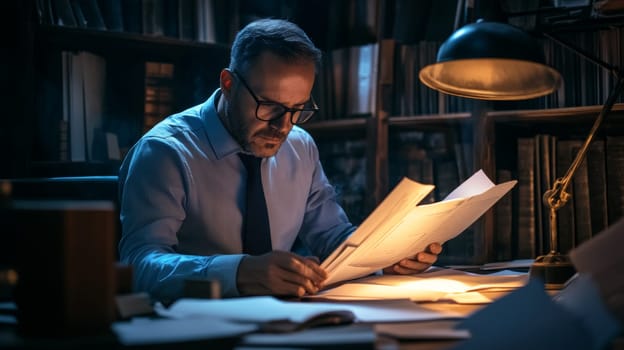 Focused senior man in glasses scrutinizing documents under desk lamp, surrounded by bookshelves in dimly lit office, embodying detective work.