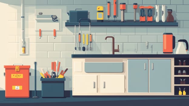 Organized workshop with shelves, tools, and equipment neatly arranged on white tiled walls, showcasing a clean and efficient workspace setup.