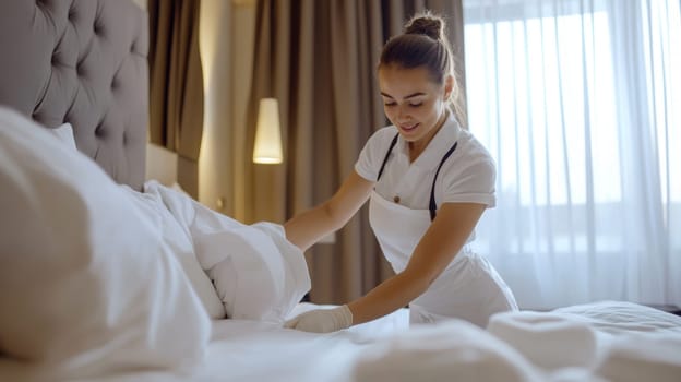 Young female housekeeper in white uniform carefully arranges bedding in an upscale hotel room, showcasing attention to detail and professional cleaning services.