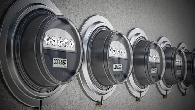 Electric meters in a row installed on the wall. 3D illustration.
