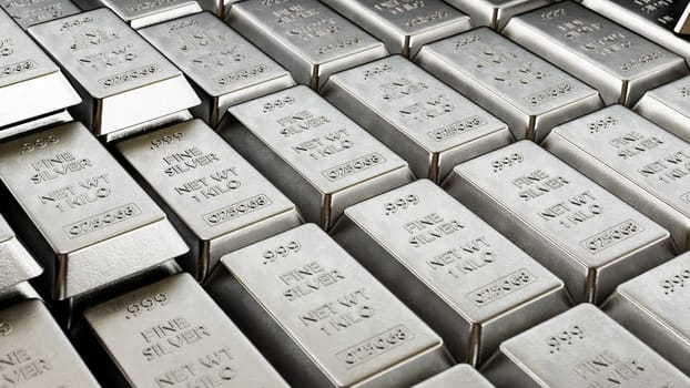 Large stack of silver ingots. 3D illustration.