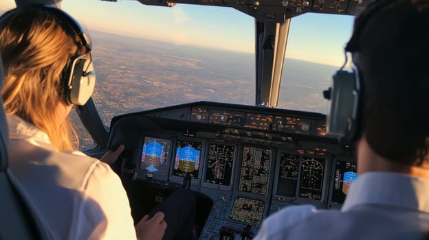 A flight instructor guides a student pilot inside a cockpit, focusing on controls and navigation.