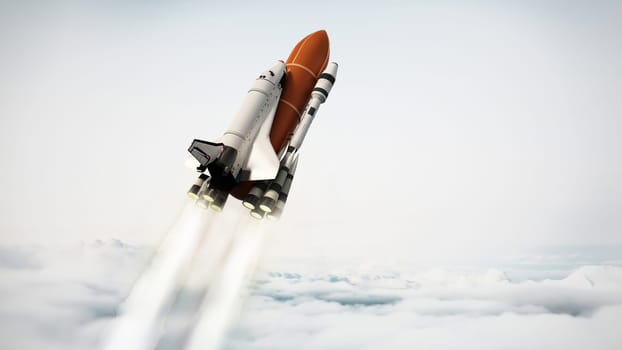 Space shuttle rising above the clouds. 3D illustration