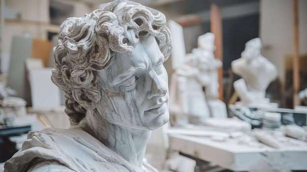 Detailed marble bust of a man with curly hair in a sculptor's workshop, surrounded by other white sculptures and artist's tools.
