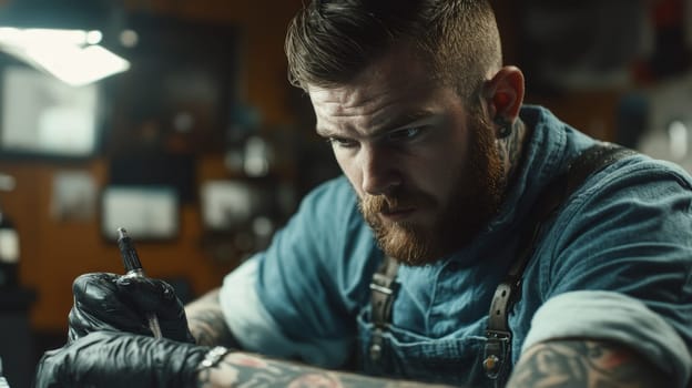 Bearded tattoo artist in blue shirt concentrating on tattooing, holding tattoo machine with gloved hands, surrounded by professional equipment in studio setting.