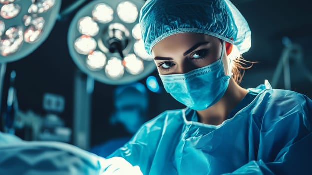 Close up of a determined female surgeon in blue scrubs and mask, preparing for surgery under bright operating room lights, showcasing medical expertise.
