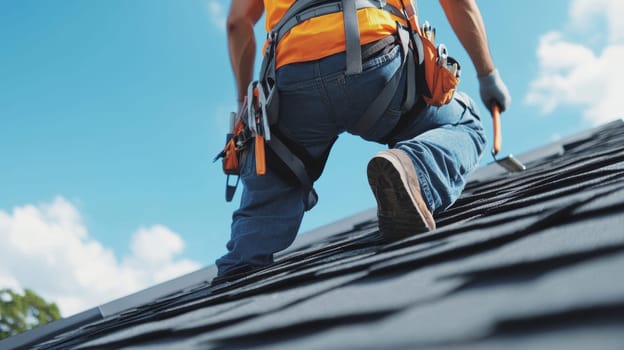 Closeup of roofer's legs in safety harness and orange shirt walking on asphalt shingles, showcasing roofing work and safety precautions.