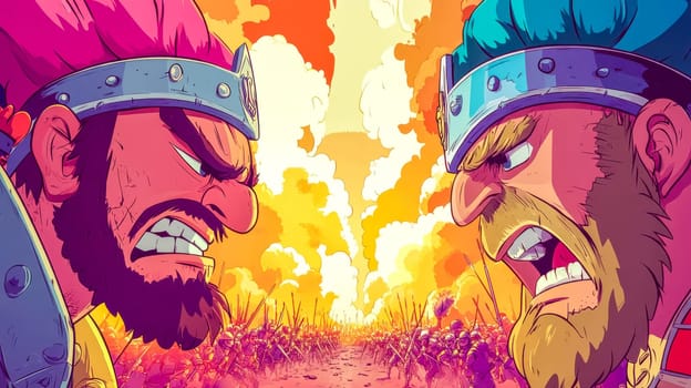 Two furious kings screaming at each other with armies clashing in background, a fierce battle scene with intense emotion