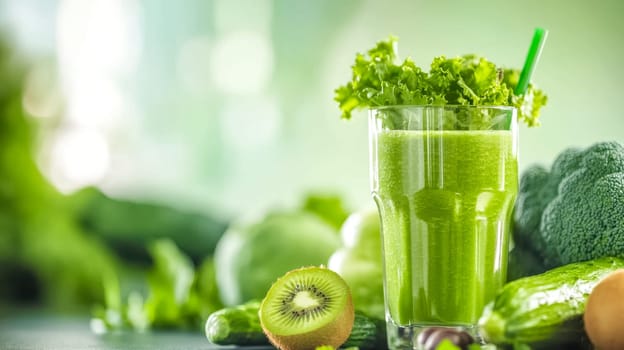 Tall glass of green smoothie sits on a kitchen counter surrounded by fresh fruits and vegetables, promoting a healthy and refreshing lifestyle