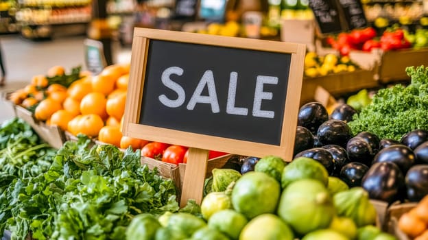 Chalkboard sign advertises a sale on fresh, organic produce at a busy farmers market, showcasing healthy living and local agriculture