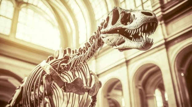 Impressive t rex skeleton in natural history museum exhibit, showcasing powerful bones and sharp teeth in sepia toned image. Hall backdrop for educational display on extinct animals and fossils