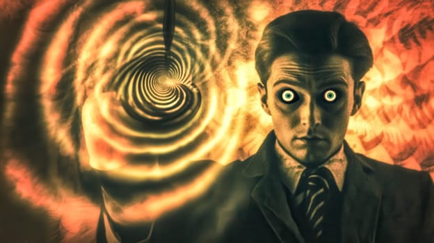 Businessman with wide, hypnotic eyes is experiencing a surreal and twisted reality, with swirling patterns of light emanating from him