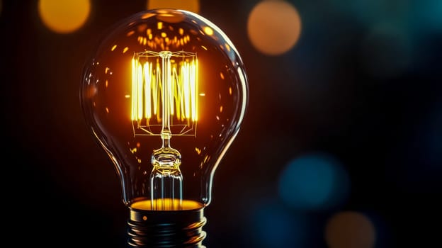 Vintage light bulb is glowing, illuminating a dark background with colorful bokeh. The warm light creates a cozy and inviting atmosphere