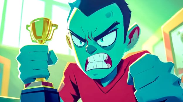 Cartoon illustration of a furious man holding a trophy and showing his anger about the unfair play. The illustration has vibrant colors and conveys a strong message about sportsmanship