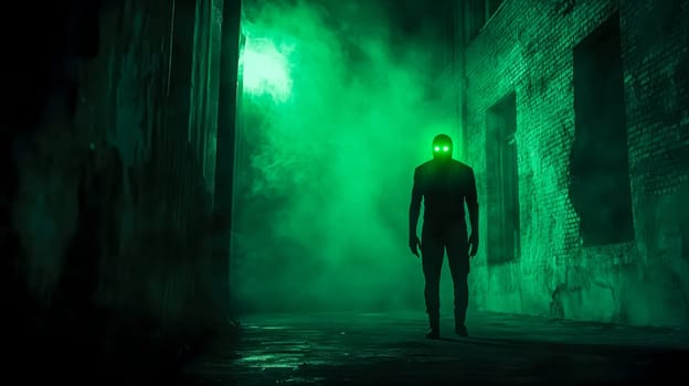 Mysterious figure with glowing green eyes is walking down a dark alley filled with green smoke at night. The ominous atmosphere creates a sense of suspense and fear