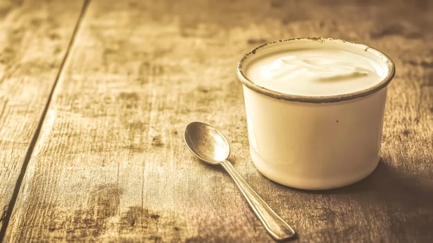 Rustic white enamel mug holding yogurt is sitting on a wooden table with a spoon beside it. The image has a warm, vintage feel