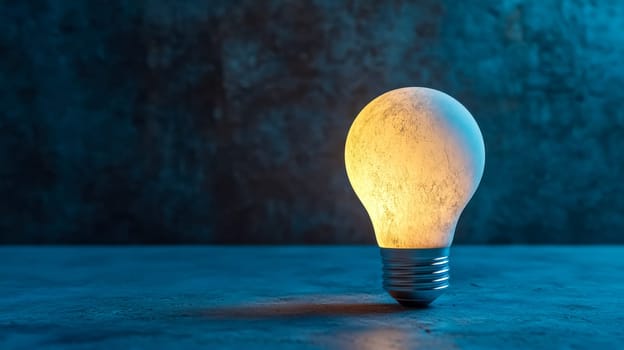 Single glowing light bulb is illuminating a dark blue textured background, representing concepts such as innovation, inspiration, and new ideas