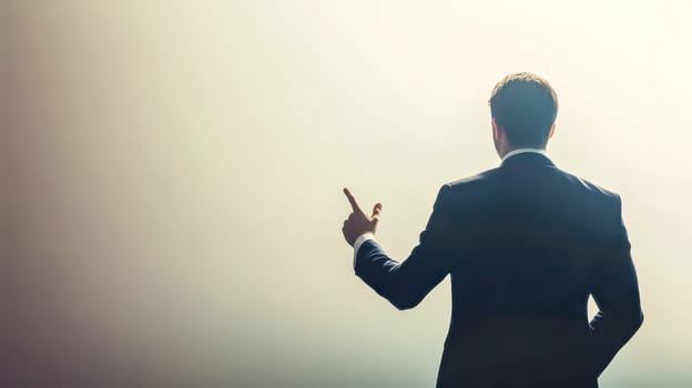 Confident businessman in suit points to bright future, symbolizing growth and success. Leading with determination and ambition, he inspires others to excel