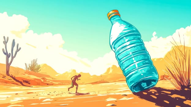 Man running desperately towards water in scorching desert, symbolizing thirst, dehydration, and survival challenges in harsh environment
