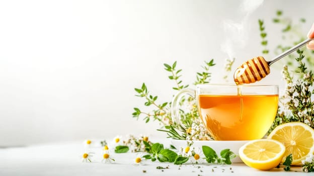 Hand pours honey from a wooden dipper into a steaming cup of herbal tea surrounded by fresh herbs and lemon slices on a white background