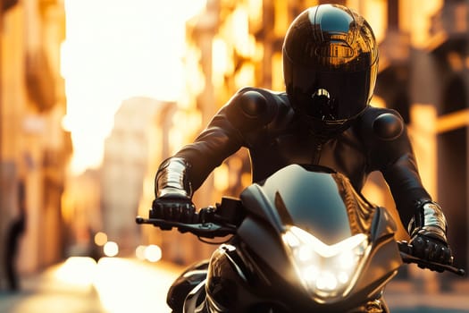 A female biker wear black helmet and latex suit and sitting on her  motorcycle.  AI generated